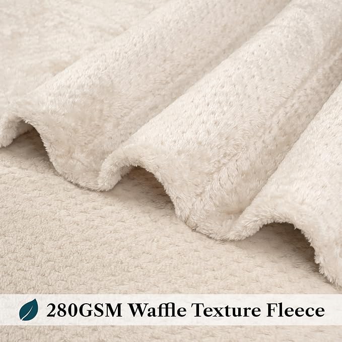 PAVILIA Cream Beige Fleece Throw Blanket for Couch Sofa Bed, Soft Fuzzy Waffle Jacquard Microfiber, Warm Lightweight Fade-Resistant Decorative All Season Throw, 60x80 Twin
