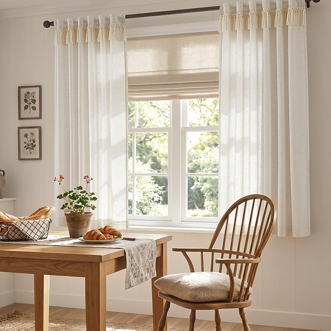 jinchan Linen Curtains for Living Room Bedroom Light Filtering Semi Sheer Curtains Boho Farmhouse French Country Cottage Core Decor Window Drapes Back Tab 63 Inch Length Tassel Beige