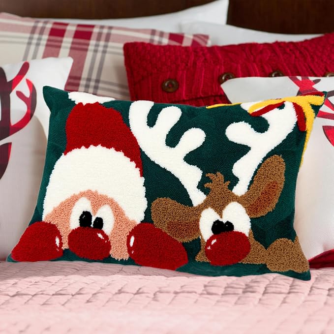 Alysheer Christmas Green Embroidered Lumbar Decorative Throw Pillow Cover 12x20, Santa Deer Tufted Embroidery Cotton Cushion Case for Sofa Couch Bed Living Room Holiday Decor Gift