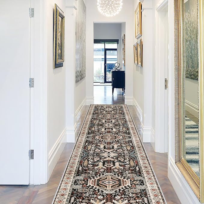 Washable Kitchen Runner Rug 2'6''x12' - Non-Slip Hallway Entryway Rugs with Rubber Backing Soft Thin Carpet for Bathroom Vintage Stain Resistant Indoor Home Decor Mat for Bedroom (Black, 2'6'' x 12')