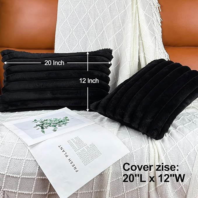 COTEY 12x20 Decorative Faux Fur Throw Pillow Covers Set of 2- Black