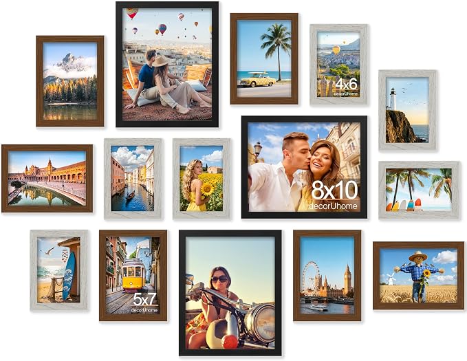 decorUhome 15 Pack Assorted Picture Frame Set for Wall & Tabletop, P0715MT | Black / Brown / Grey, Multi Size Picture Frame Includes Three 8x10 / Six 5x7 / Six 4x6 for Family Gallery Wall