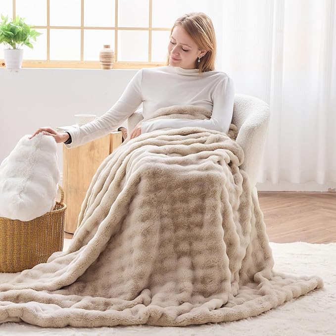 NEWCOSPLAY Faux Fur Fluffy Bubble Twin Blanket for Couch, Linen, 60"x80" | Soft Thick Warm Bubble Blanket for Couch Sofa Bed 550GSM, Plush Cozy Luxury Decorative Throw, Gift for Women Men