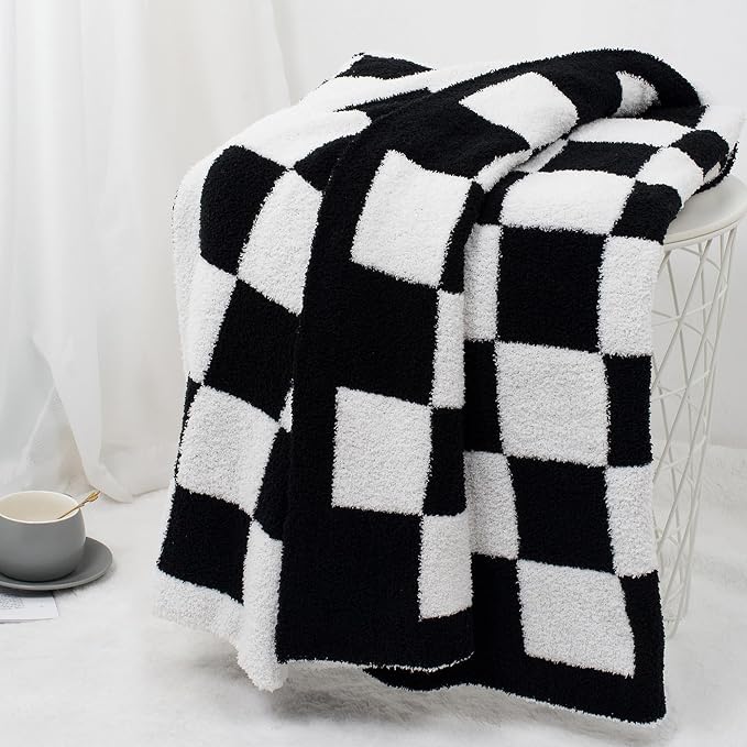 Carriediosa Checkered Throw Blanket 90x90, 400GSM Ultra Soft Microfiber | Black, Queen, Fuzzy Fluffy Cozy Plush Knitted Plaid Checker, Lightweight Cute Preppy Fall Blankets & Throws for Couch, Bed