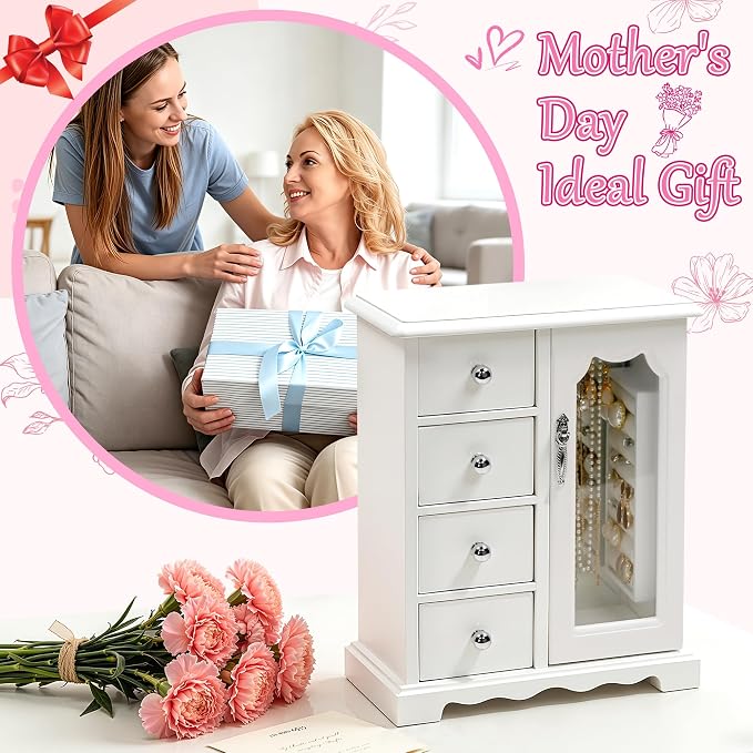 Kendal Wooden Jewelry Box for Women, Solid Jewelry Organizer, Jewelry Holder Organizer, Mothers Day Gifts, Wood Jewelry Case with Mirror for Necklaces, Earring, Rings (4 Drawer, White)