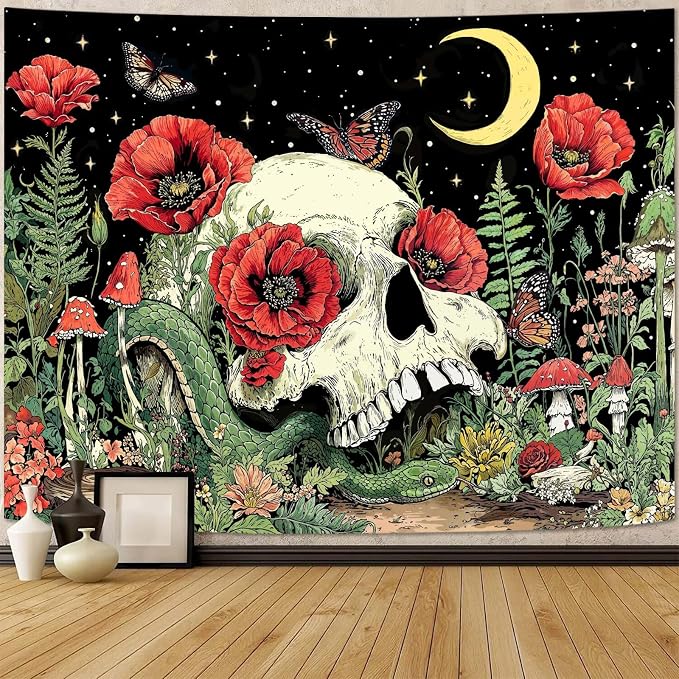 Accnicc Floral Skull Tapestry Vintage Flower Gothic Skeleton Tapestries Wall Hanging Mushroom Butterfly Plant Snake Horror Large Tapestry for Bedroom Living Room Dorm 80 x 60 inch