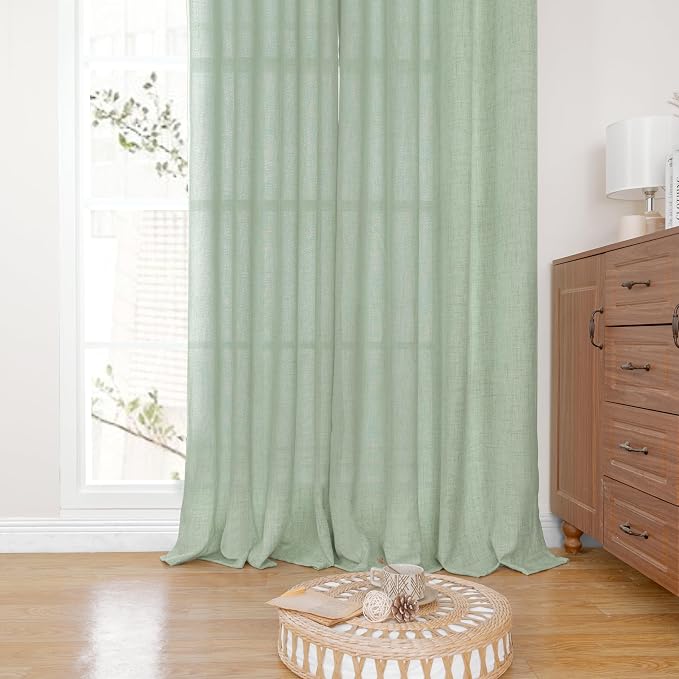 YoungsTex Sage Green Linen Curtains 95 Inch Long for Living Room 2 Panels, Floor Length Semi Sheer Textured Drapes Light Filtering Window Treatments for Dining Room Bedroom, 2 Panels, 52 X 95 Inch