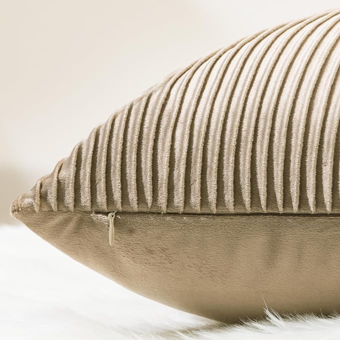YCOLL Khaki Pillow Covers 26x26 Set of 2 Velvet Striped Pattern - Soft Throw Pillows for Home Decor, Luxury Decorative Pillow Covers for Couch, Bed,Living Room