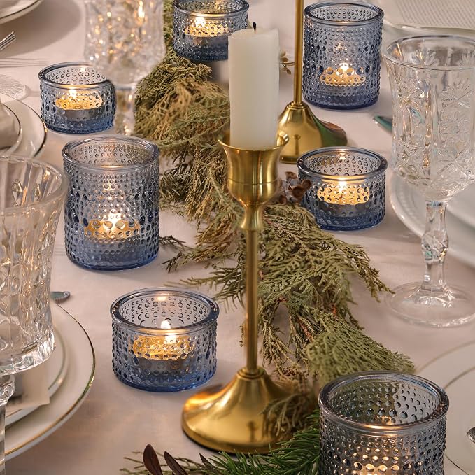 NITIME Blue Glass Votive Candle Holders Set of 24, Assorted Heights Polka Dot Tealight Candle Holders for Table Centerpiece, Blue Candle Holder Decor for Wedding, Baby Shower Party & Spa