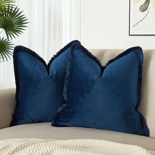JUSPURBET Navy Decorative Velvet Fringe Throw Pillow Covers 26x26 Set of 2 Boho Soft Cushion Case for Home Decor Living Room Couch Sofa Bed