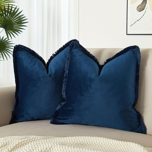 JUSPURBET Navy Velvet Throw Pillow Covers 24x24 Inch Set of 2 with Soft Tassel Fringe Luxury Boho Pillowcase for Sofa Couch Bed Home Decor Machine Washable