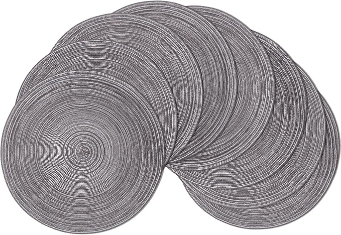 SHACOS Round Braided Placemats Set of 8 Round Table Mats for Dining Tables Non Slip Washable (Black Gray, 8)