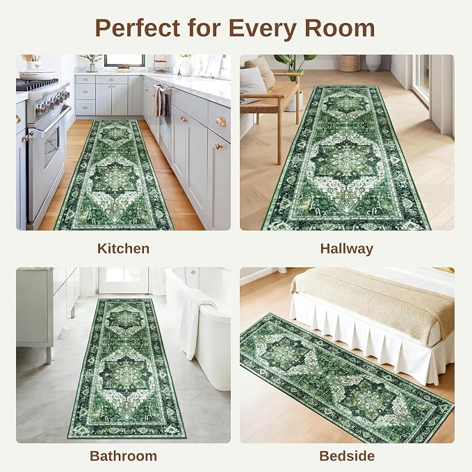 Green Runner Rug 2x6, Washable Runners for Hallways Non Slip | Soft faux wool, machine washable & stain resistant. Non-slip rubber backing, low pile. For hallway, kitchen, bedroom.
