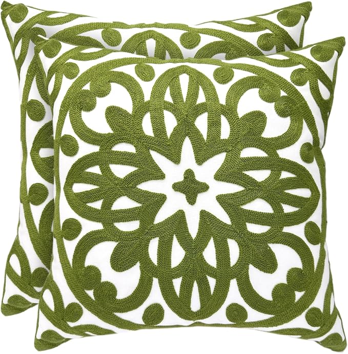 Alysheer Floral Embroidered Spring Decorative Throw Pillow Cover 18"x 18" Set of 2, Boho Farmhouse Embroidery Patterned Green Cushion Case for Sofa Couch Living Room Bedroom Outdoor