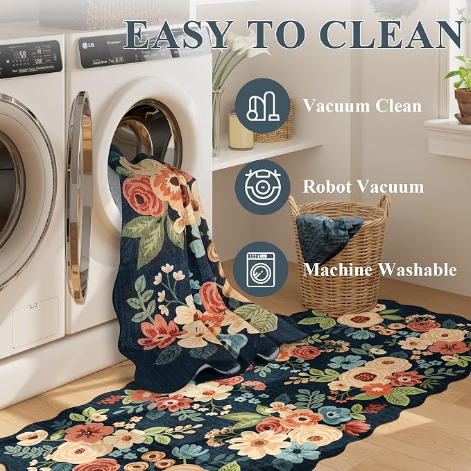 DUKINO 8x10 Area Rug for Living Room, Soft Floral Washable Rug, Navy Blue | Soft, Low Pile, Stain Resistant Throw Large Rug for Bedroom, Dining Room, Nursery, Kids Playroom, Pet Friendly, Home Decor