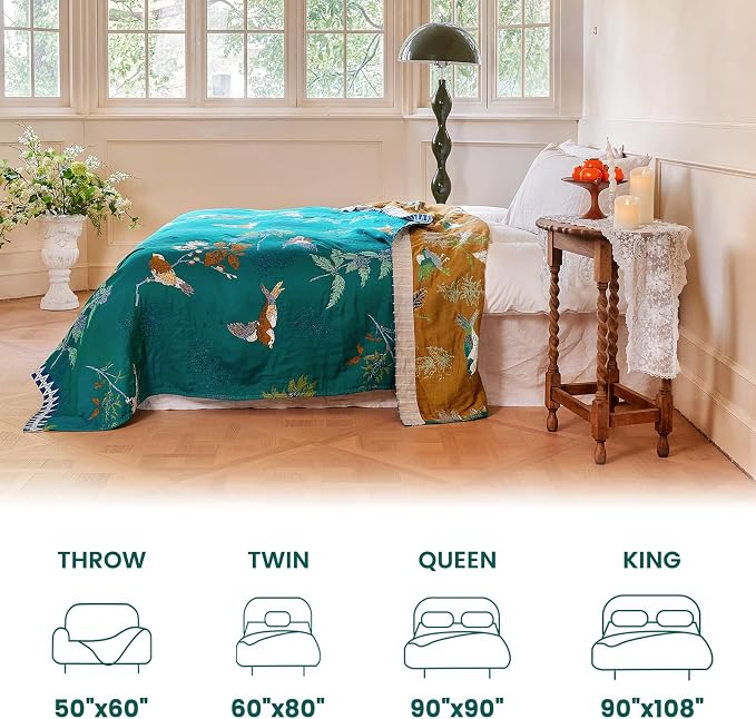 MSGKV Boho Throw Blanket 50"x60" Aviary Botanical Cotton Throw Blanket | Aviary Botanical Pattern, Muslin Throw, Reversible Woven, Lightweight Comfort, Decorative Home Accent, All Season Use