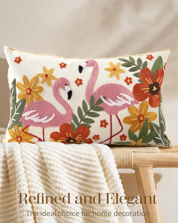 Embroidered Lumbar Pillow Cover 20x12 Inch - Summer Boho Decorative Pillow Cover with Zipper for Couch Sofa Living Room Cushion Pillowcase, Flamingos Floral