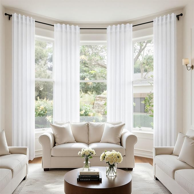 Pitalk White Curtains 38 Inch Wide for Windows 2 Panels Back Tab Loops Rod Pocket Light Diffusing Semi Sheer Linen Curtains for Bedroom Living Room Closet Doors Doorway 38 Inch Width by 63 Inch Length
