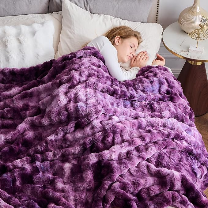 NEWCOSPLAY Faux Fur Bubble Twin Blanket for Couch, Tie-Dye Purple, 60"x80" | Fluffy Soft Thick Warm Bubble Blanket for Couch Sofa Bed 700GSM, Plush Cozy Luxury Decorative Throw, Gift for Women Men