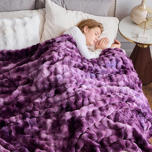 NEWCOSPLAY Faux Fur Bubble Twin Blanket for Couch, Tie-Dye Purple, 60"x80" | Fluffy Soft Thick Warm Bubble Blanket for Couch Sofa Bed 700GSM, Plush Cozy Luxury Decorative Throw, Gift for Women Men
