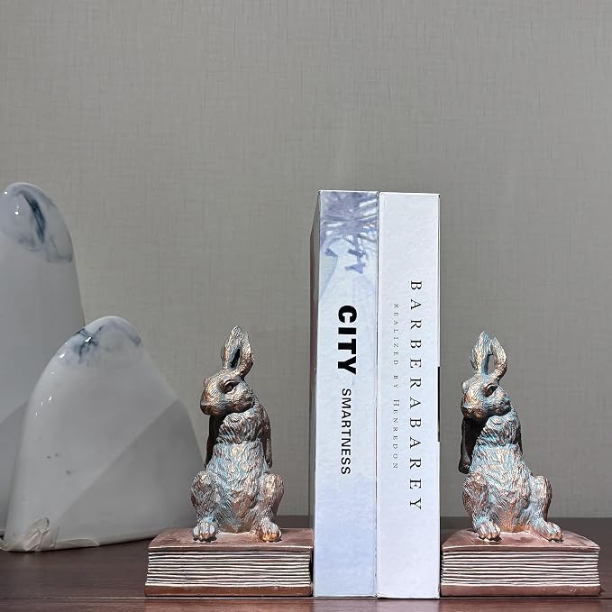 Book Ends for Shelves to Hold Books Hevay Duty,Decorative Rabbit Bookends | for Bookshelf Décor,Cute Animal Rabbit Book Stopper Easter Bunny Statues for Home, Living Room Decoration,1 Pair (Bronze)