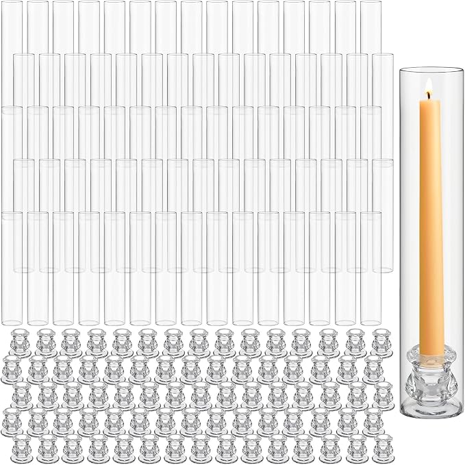 Teenyyou 12 Set Glass Hurricane Candle Holders Candlestick Bulk 12.6",Clear | 2.2" Taper Clear Candlestick Holders, Open Ended Glass Candleholder Tube Shape Bottomless, for Wedding Table Centerpiece