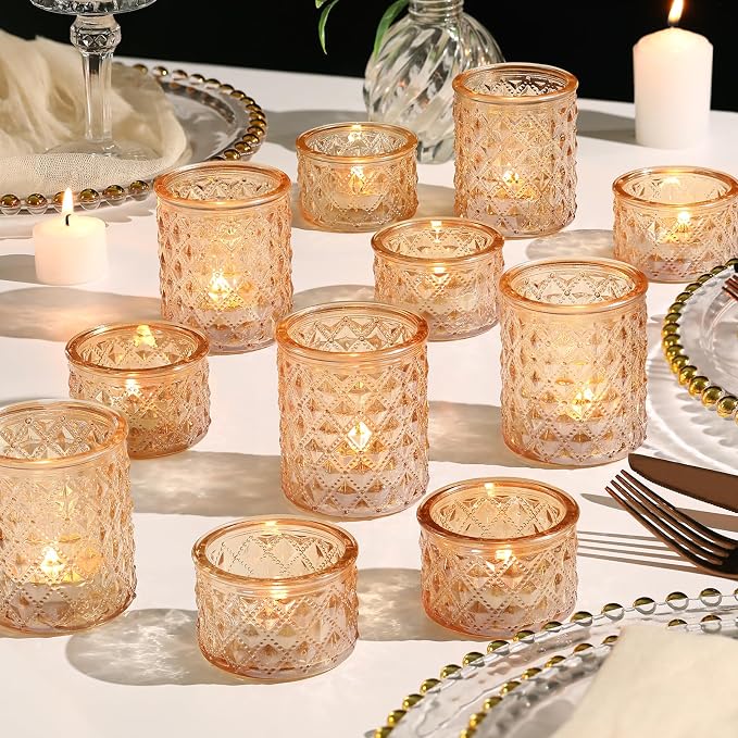 NITIME 24pcs Assorted Gold Votive Candle Holders, Tealight Candle Holders for Table Centerpiece, Green Glass Candle Holder Decor for Wedding, Party & Home Decor