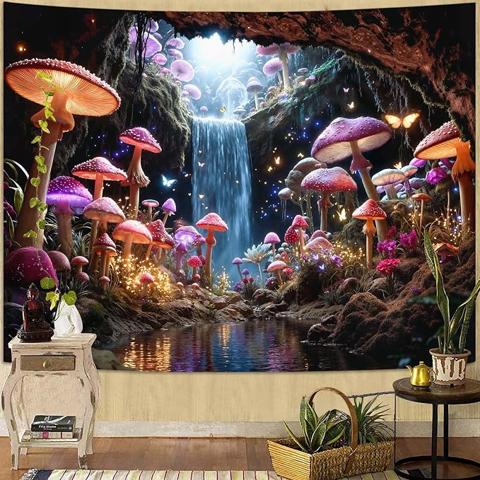 Zussun Fantasy Mushroom Waterfull Tapestry Fairy Butterfly Cave Wall Tapestry for Bedroom Aesthetic Nature Magic Floral Small Tapestries Wall Hanging for Dorm Living Room Decor 60 x 44 Inch