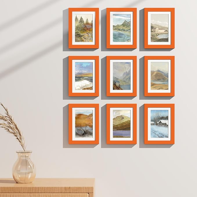 Vittanly 5x7 Picture Frames Set of 9 for Wall or Tabletop Display, Orange | Display Pictures 4x6 with Mat or 5x7 without Mat, Small Photo Frames, Engineered Wood with Shatter Resistant Plexiglass