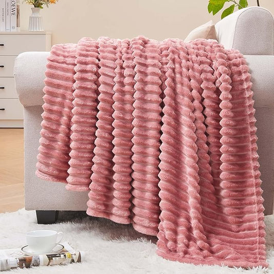 BEDELITE 3D Ribbed Jacquard Pink Fleece Twin Blanket for Bed, 60x80 Inch | Soft Warm Decorative Fluffy Blanket, Cozy Plush Lightweight Fuzzy Throw Blanket for Couch Sofa Room Decor, Gift for Women