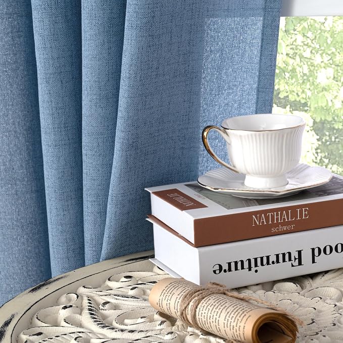 YoungsTex Light Blue Linen Curtains 84 Inch Length 2 Panels with Grommet | Light Filtering Drapes Semi Sheer Privacy for Bedroom Living Room Window, 52 x 84 Inch