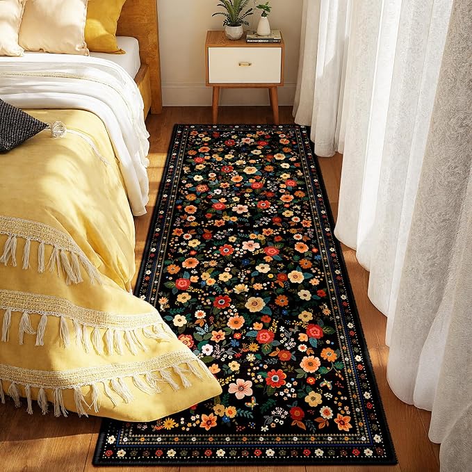 Washable Floral Area Rug for Living Room Runner 2x6 Black | Non-Slip，Vacuum-Friendly, Low Pile, Flower Carpet for Bedroom Kitchen Entryway Dining Room Office Nursery
