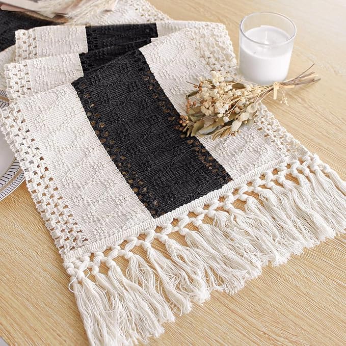 FEXIA Farmhouse Table Runner for Home Decor 12x60 Black Fall Home Decor | 60Inches Long Rustic Burlap Table Runner Macrame Table Decoration Centerpiece for Kitchen Bedroom Dining Living Room Kitchen