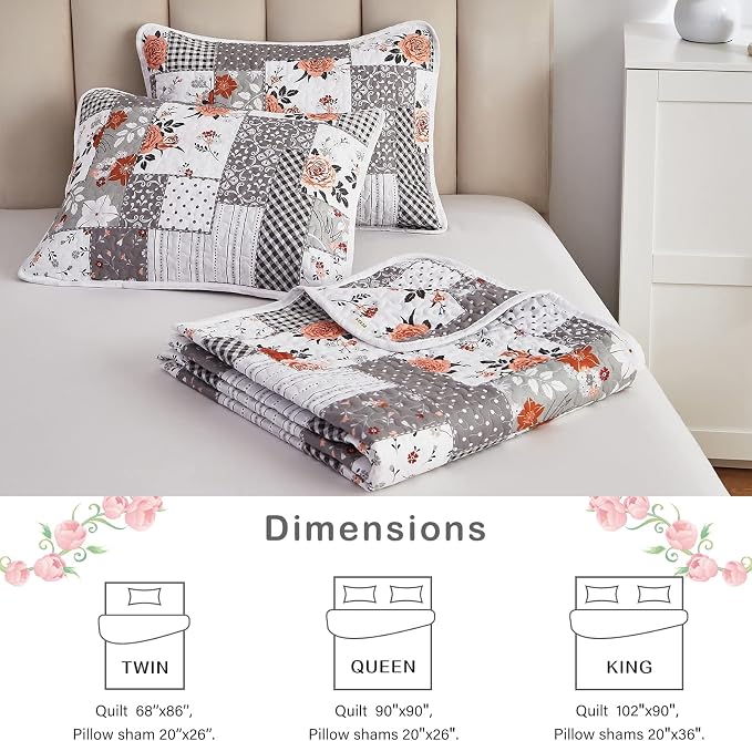 Patchwork Quilt Set Twin Size, 2 Pieces Grey White Floral Plaid Design Summer Bedspread Coverlet Set, Soft Microfiber Reversible Lightweight Bed Cover for Kids (68" x 86", 1 Quilt+ 1 Pillow Sham)