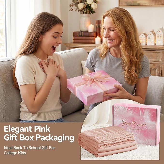 College Dorm Bed Skirt Twin XL 32 Inch Drop, Blush Pink Elastic Bedskirt | Ruffled, Wrap-around/elastic, Wrinkle-resistant, Fade-resistant, Machine Washable, Wrinkle-Free, Gift Box Packaging, Textured