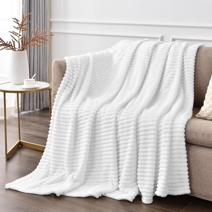 BEDELITE 3D Ribbed Jacquard White Blankets Queen Size for Bed, 90x90 Inch | Soft Warm Decorative Fluffy Blanket, Cozy Fuzzy Lightweight Plush Fleece Throw Blankets for Bed, Room Decor, Gift for Women