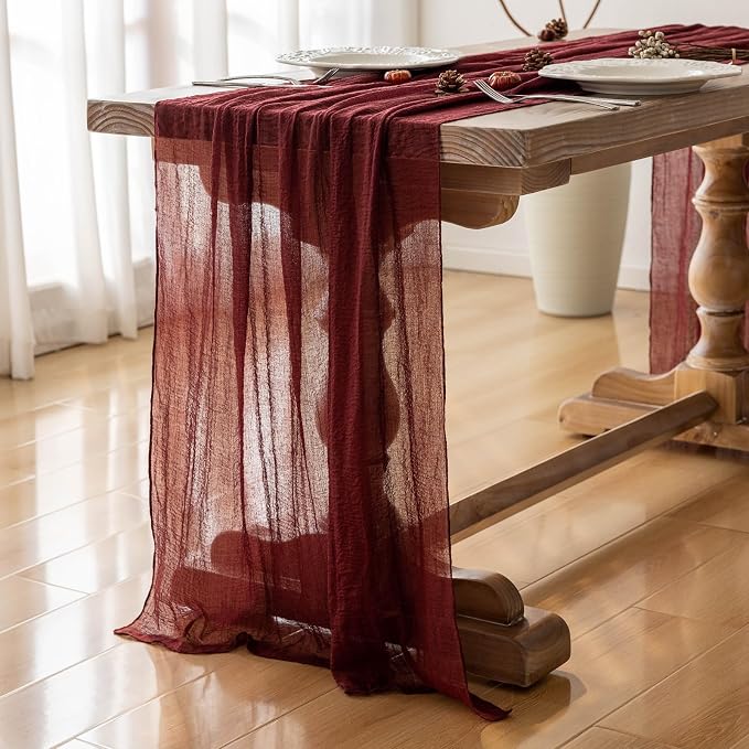 3Pcs Burgundy Cheesecloth Table Runner 120 Inches for Chirstmas Home Decor | For Wedding Baby Shower Bridal Shower Birthday Engagement Party 10FT Rustic Boho Home Decorations