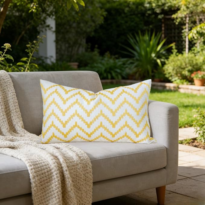 Slow Cow Linen Embroidery Rectangular Pillow Cover Pillowcase Decorative Lumbar Throw Pillow Cover for Couch Sofa 12 x 20 Inches Yellow Gold