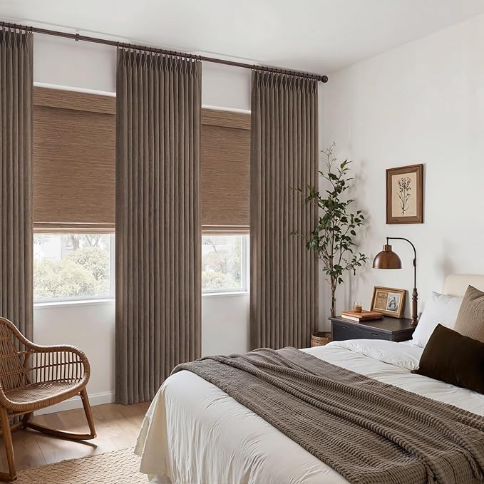Memory Trained Pinch Pleated 102 Inch Extra Long Curtains for Dining Room, Dark Brown Flax Linen Semi Sheer Privacy Nursery Drapes 2 Panels Set Light Filtering Kids Room Cottage Core Window Curtain