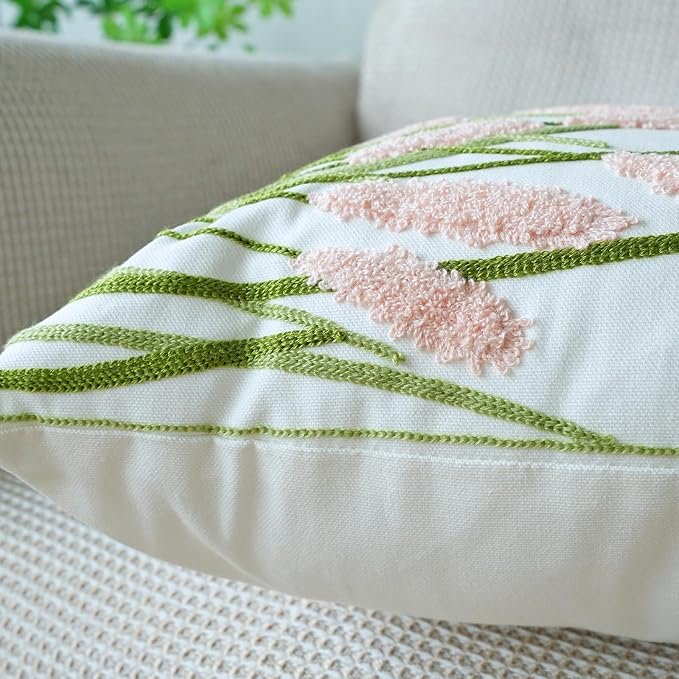 vctops Farmhouse Pampas Grass Cotton Tufted Throw Pillow Cover Boho Embroidery Pillowcase Soft Square Cushion Case for Sofa Couch Bed Chair (Light Pink,18"x18")