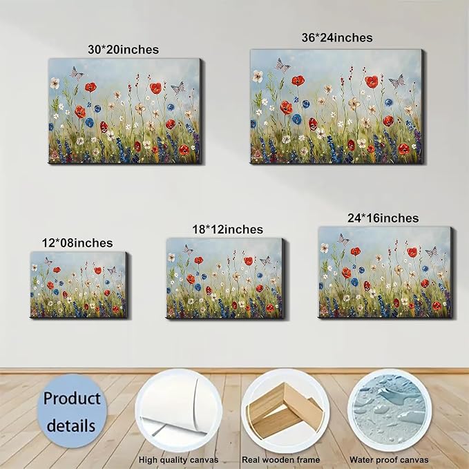 Framed American Flag Butterfly Wildflower Wall Art, Patriotic Floral Canvas Art Pictures, USA Flag Wall Decor, Made in USA Ready to Hang for Living Room Bedroom
