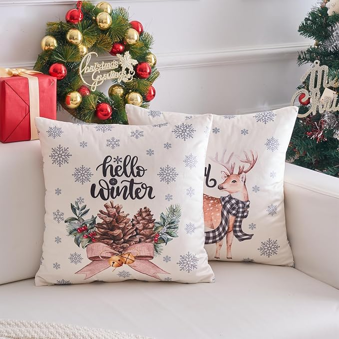 Christmas Throw Pillow Covers Set of 4 for Living Room, Soft & Cozy Velvet, Snowman, Star, Snowflake, Tree Cushion Cover, Festival Sytle Decorative Home (Christmas, 18x18 Inch)