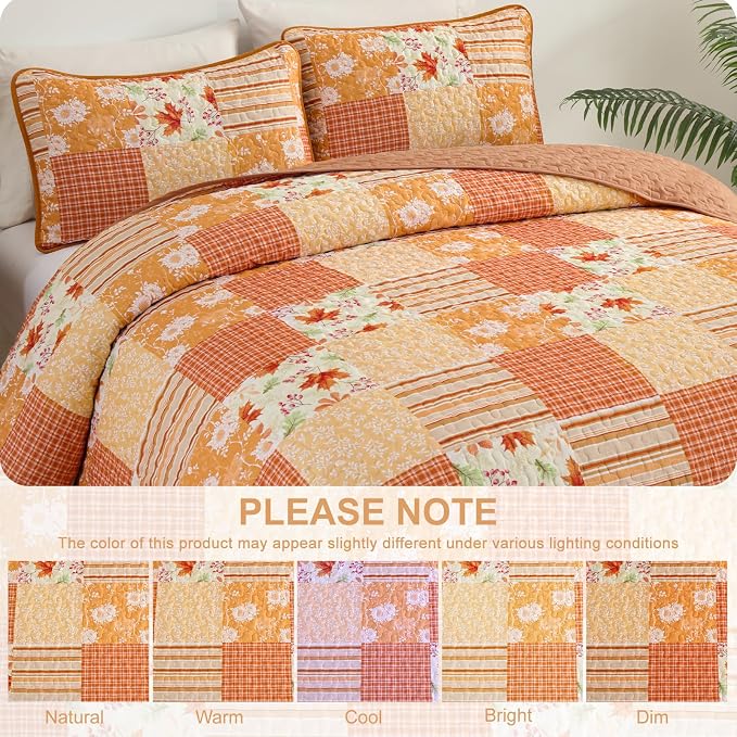 Mybedsoul King Size Quilt, Patchwork Floral Fall Bedding Set, Orange | Soft Lightweight Microfiber Coverlet Set, 3 Pieces Boho Plaid Bedspread, Bed Sets for All Seasons 90"x110"