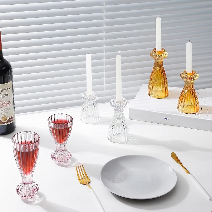 Lysenn Glass Candlestick Holders, Taper Candle Holders Set of 3, Amber