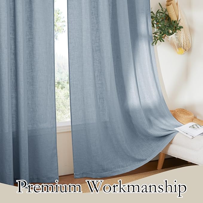 RYB HOME Farmhouse Boho Linen Sheer Curtains 90 inches Long for Living Room | Flax Linen Blend,Light Filtering,Semi Sheer,Wrinkle Resistance,Back Tab,Dorm Dining Room,W52 x L90,2 Panels,Dusty Blue