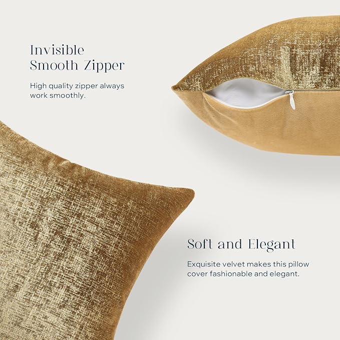 Phantoscope Pack of 2 Sparkling Velvet Decorative Solid Throw Decorative Pillow Cover Soft Gold Glitter Square Cushion Cover Pillowcase for Couch Bed and Chair, Gold, 12 x 20 inches, 30 x 50 cm