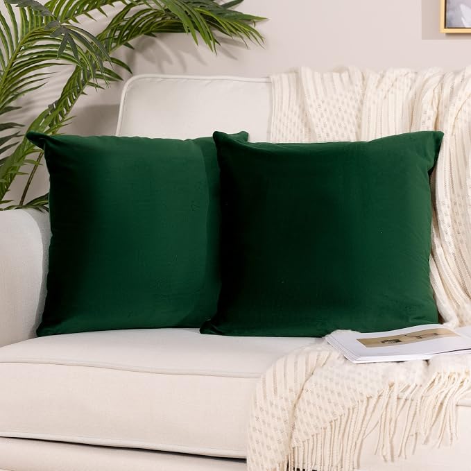 Stellhome Pack of 2 Velvet Pillow Covers Square Decorative Cushion Covers for Bed Couch Sofa Bench, 24 x 24 inch (60 x 60 cm), Dark Green