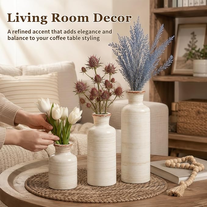 Ceramic Vases Set of 3, White Modern Rustic Home Decor Flower Vases | Farmhouse Ceramic Vases for Farmhouse, Horizontal Stripes Nordic Vases for Home Décor, Table Decor, Entryway, Shelf, Mantel
