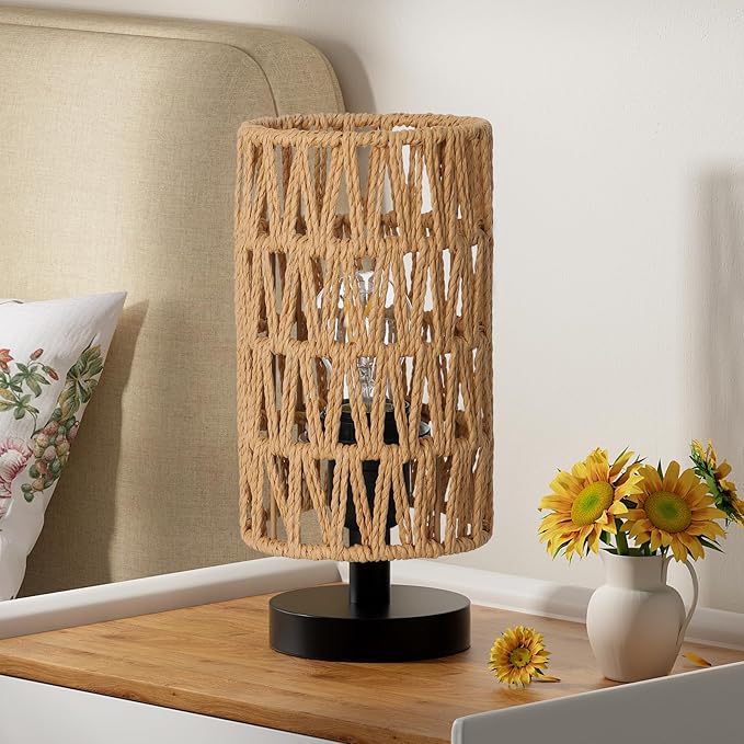 Fenmzee Table Lamps (Rattan Rope Shade - Black Base, 9" Inline Control)