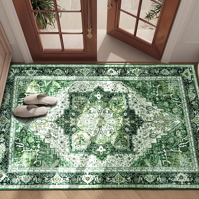 Green 3x5 Entryway Rug, Non Slip Indoor 3x5 Washable Rug | Soft faux wool, machine washable & stain resistant. Non-slip rubber backing, low pile. For entryway, kitchen, hallway.